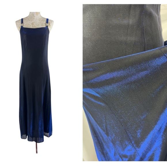 Vintage Y2K Size 10 M Shimmer Glitter Maxi Prom Dress Electric Blue Rhinestone - Picture 1 of 10